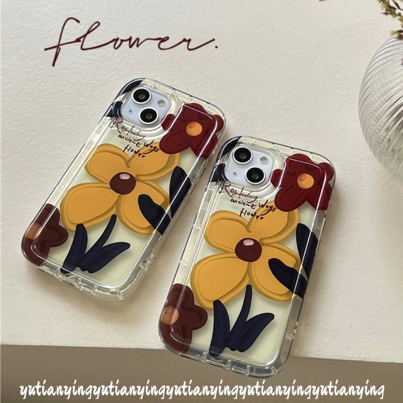 Ins Korea Flower Case Kompatibel Untuk iPhone XR 7plus 14 Pro MAX 11 13 12 Pro MAX 7 8 6 6S Plus X XS MAX 8plus SE 2020 Lukisan Minyak Bunga TPU Lembut Shockproof Airbag Phone Cover