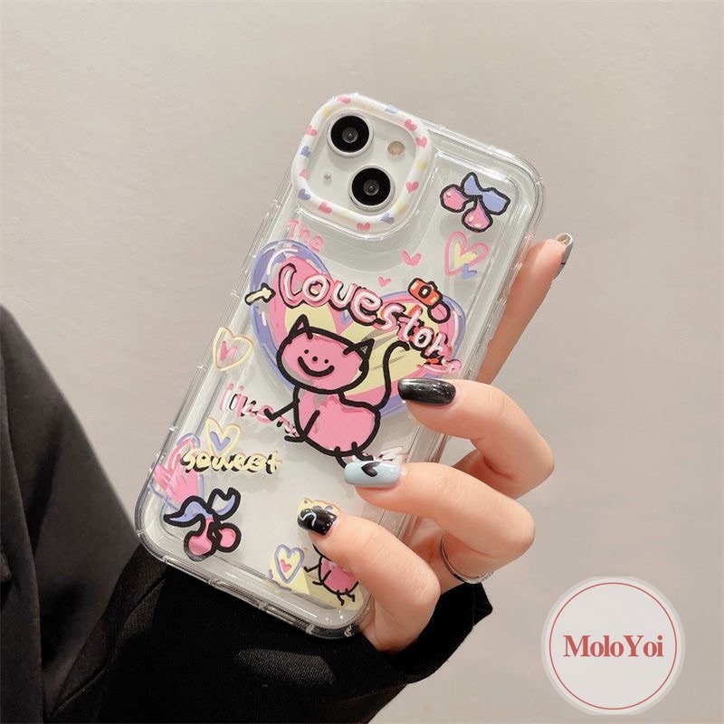 Ins Lucu Kartun Graffiti Cinta Hati Kucing Case Kompatibel Untuk iPhone 14 Pro Max11 13 12 7 8 Plus XR X XS MAX 6 6S Plus Airbag Shockproof Lembut Silicon TPU Penutup Belakang