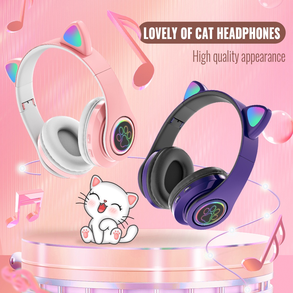 headset bluetooth Gaming Pelangi Telinga Kucing Folding Wireless Bluetooth Full Bass Ori Hengset N2D