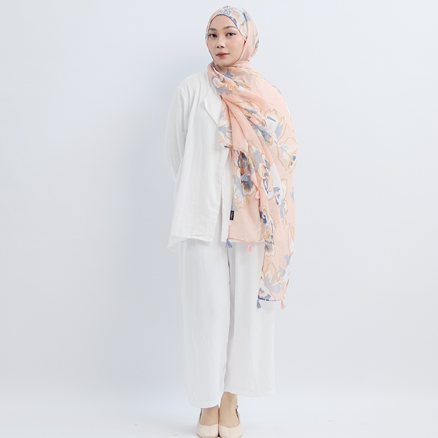 ITSFRIDAY IRONA In Apricot Scarf - Premium Pashmina Shawl Selendang Syal Pasmina Hijab Import Motif Flower Art Salem Navy Tassel