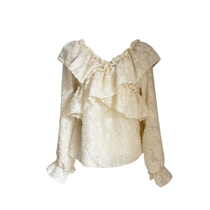 Red Korea Chic Musim Semi Rasa Desain Niche Daun Teratai Tepi Satu Bahu V-Leher Lengan Terompet Lengan Panjang Kemeja Wanita