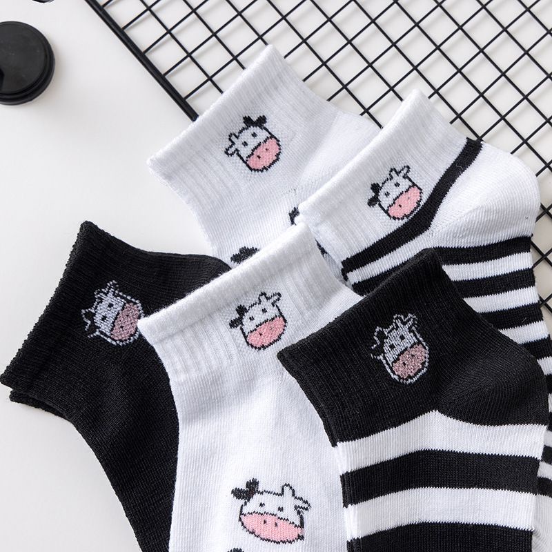 [littlecrab] Kaos Kaki Hitam Putih Motif Sapi Moo Black White Garis Cow Import Sock High Quality Korean Style