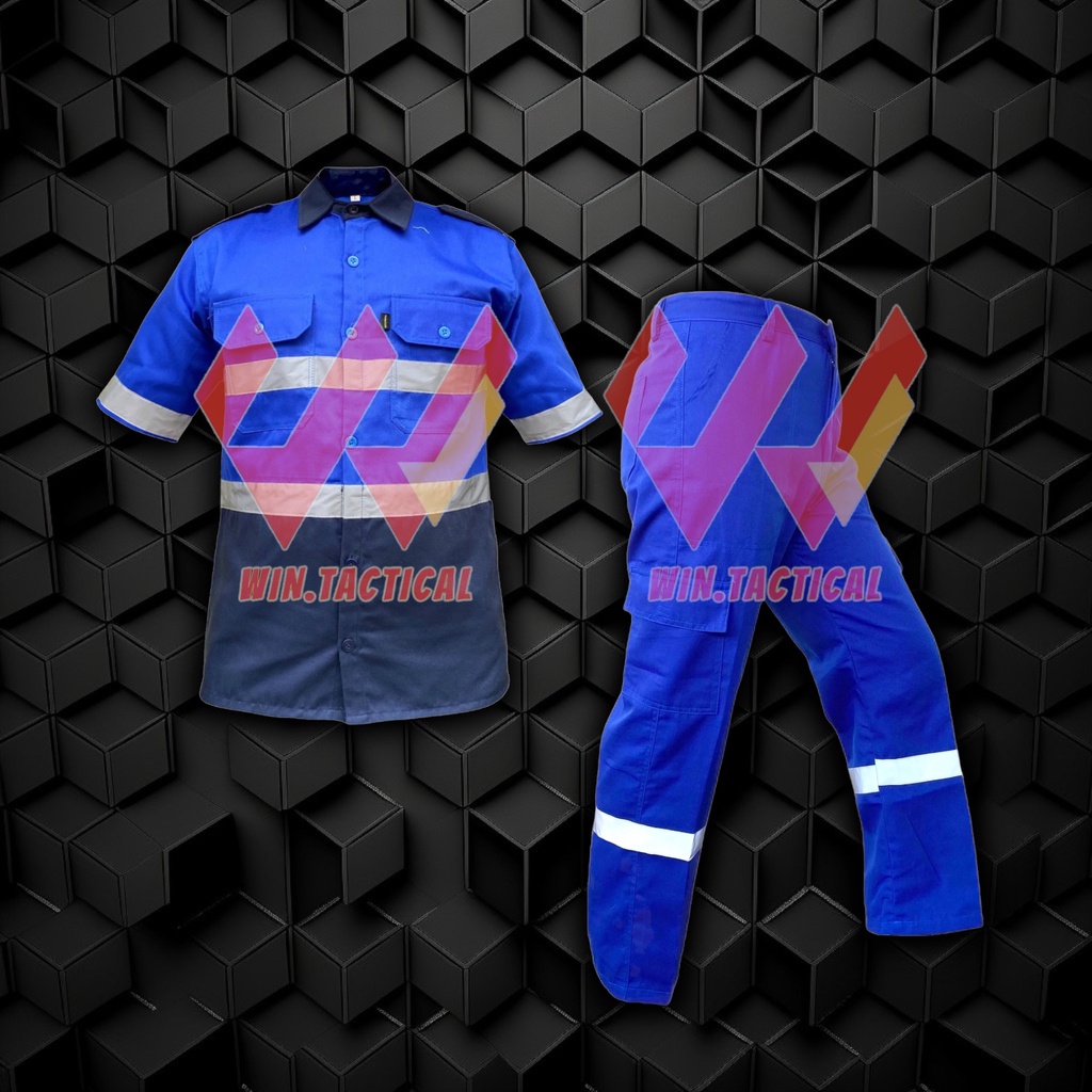 PAKAIAN KERJA SAFETY / BAJU WEARPACK PROYEK / COVERALL BAJU SAFETY KOMBINASI BIRU DONGKER SETELAN SAFETY KOMBINASI