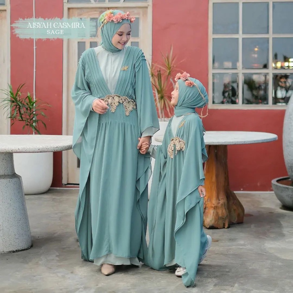 Gamis Couple  Ibu dan Anak Perempuan Aisyah Casmira Couple Mom and Kids Bahan Crinkle Airflow Mix Ce