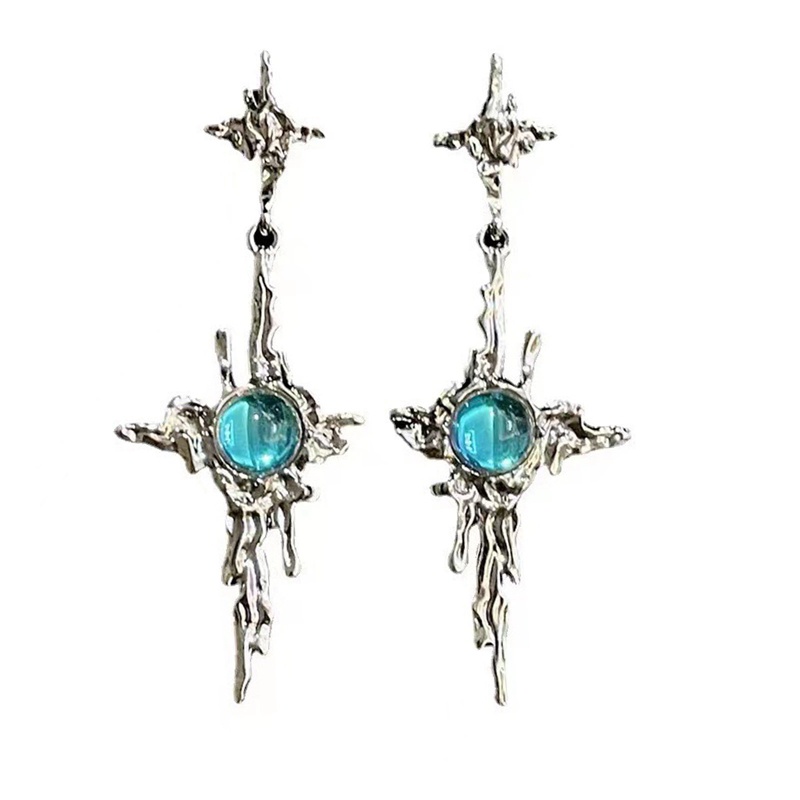 Tidak Teratur Logam Cair Salib Moonstone Menjuntai Anting-Anting Gadis Muda Tren Logam Salib Moonstone Tetes Anting-Anting