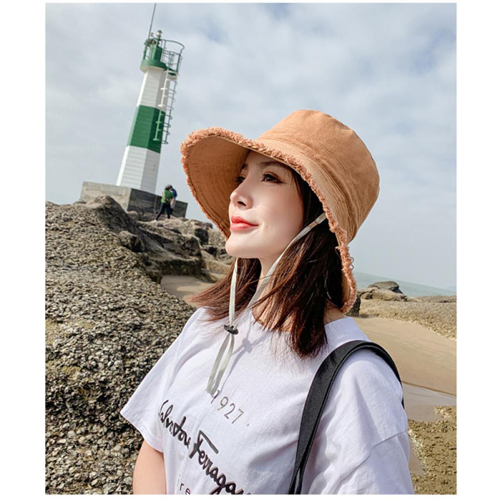 Timekey Wanita Topi Nelayan Outdoor Topi Perlindungan Matahari Warna Solid Raw Edge Fashion Topi Sederhana M1N7