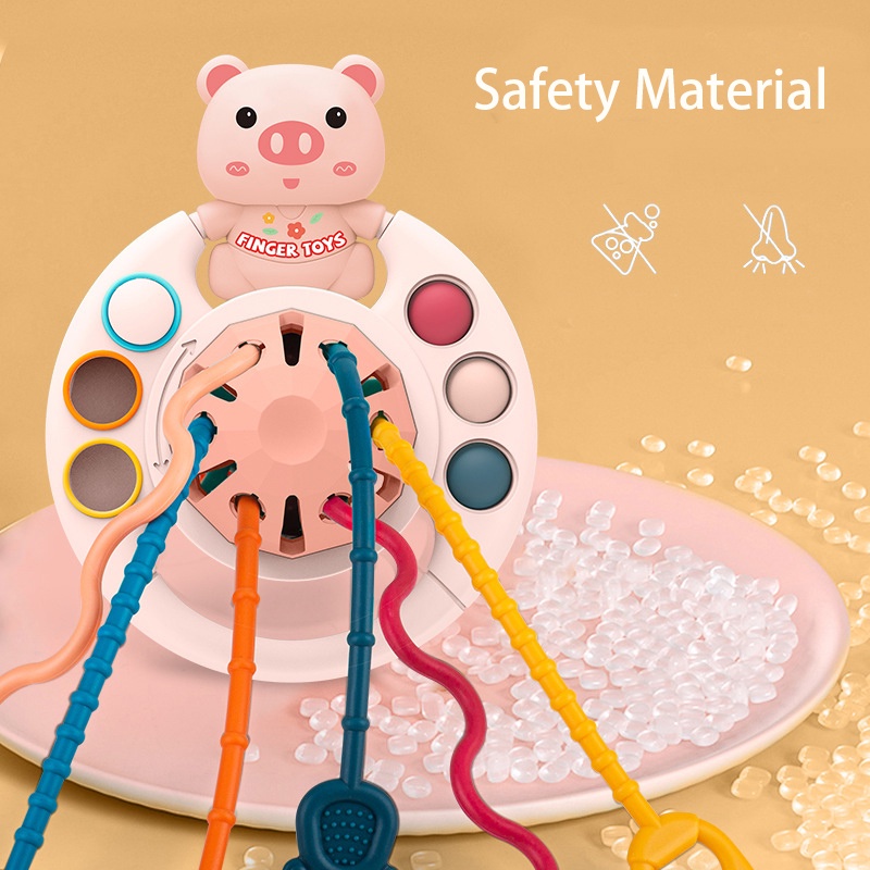 Creative 5 In 1 Children Pull String Developmental Toy / Safe Non-toxic Soft Silicone Teething Toys / Cute Cartoon Bear Flying Saucer Shape Fun Toy