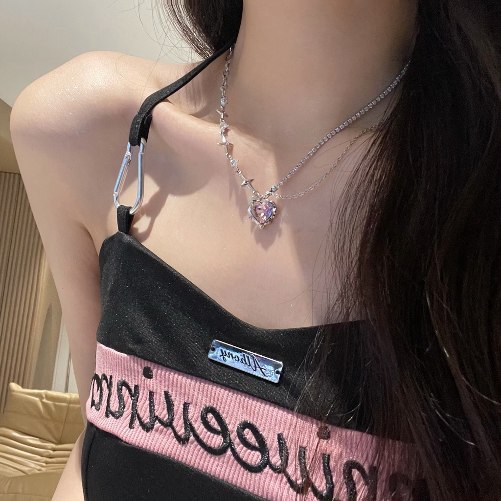 Kalung Love Hati Permata Pink Mewah Fashion Chain Choker Untuk Aksesoris Perhiasan Wanita