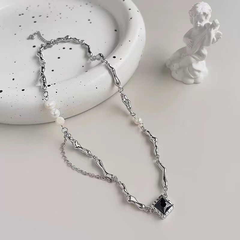 Kalung Persegi Mutiara Zirkon Barok Choker Rantai Klavikula Silver Untuk Aksesoris Perhiasan Wanita