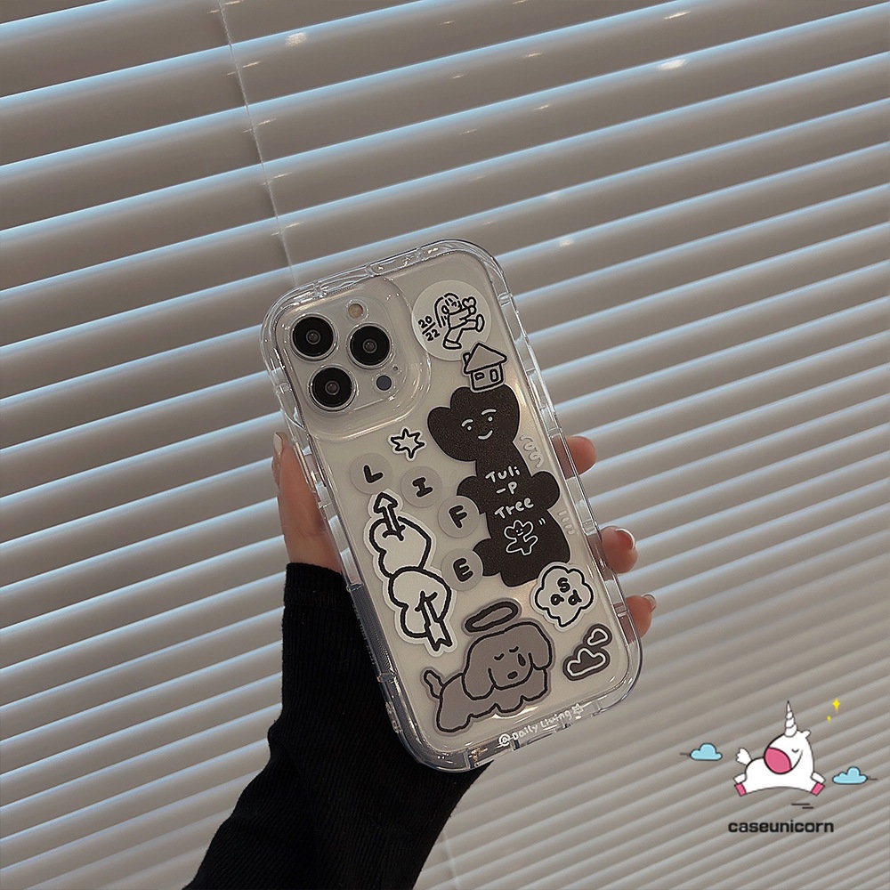 IPHONE Casing Ponsel Kompatibel Untuk Iphone11 14 13 12 Pro MAX XR 6 6S 7 8Plus X XS MAX SE 2020 Kartun Lucu Graffiti Anjing Yang Indah Cinta Hati Stiker Airbag Shockproof Bening TPU Soft Cover