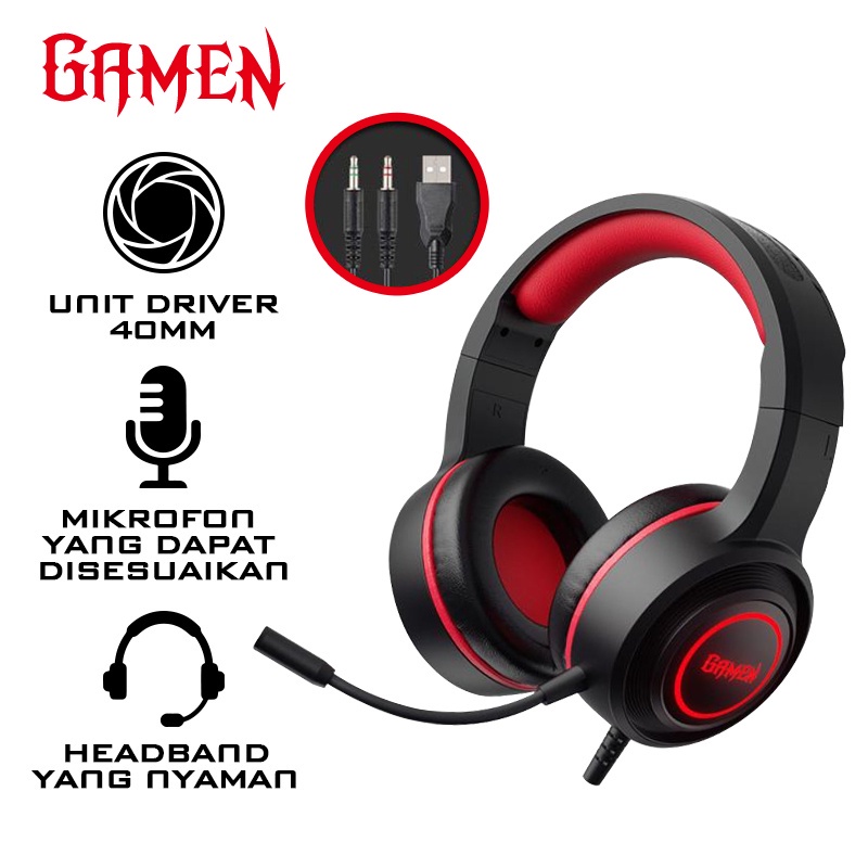 GAMEN Headphone Gaming GH100 Headset / Earphone Black 3D Sound With Mic For PC Handphone Laptop