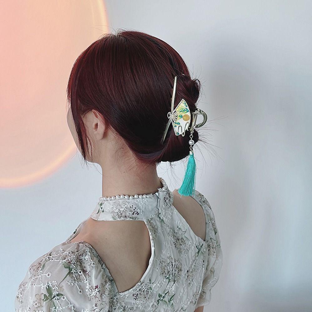 Needway Kipas Rambut Cakar Hiu Klip Elegan Retro Untuk Gadis Rambut Klip Rumbai Ponytail Holder Hiasan Kepala Cheongsam Hiasan Kepala Gaya Cina Rambut Tongkat