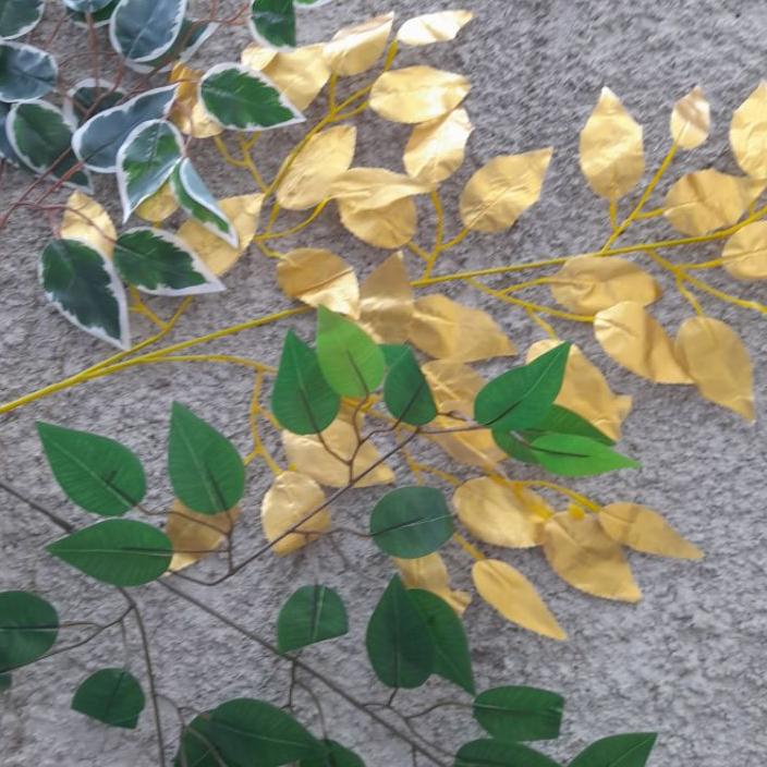 Discount | HJ6 | Daun Palsu Artificial , Daun beringin palsu hijau , Emas , Bunga Plastik , Daun Ber