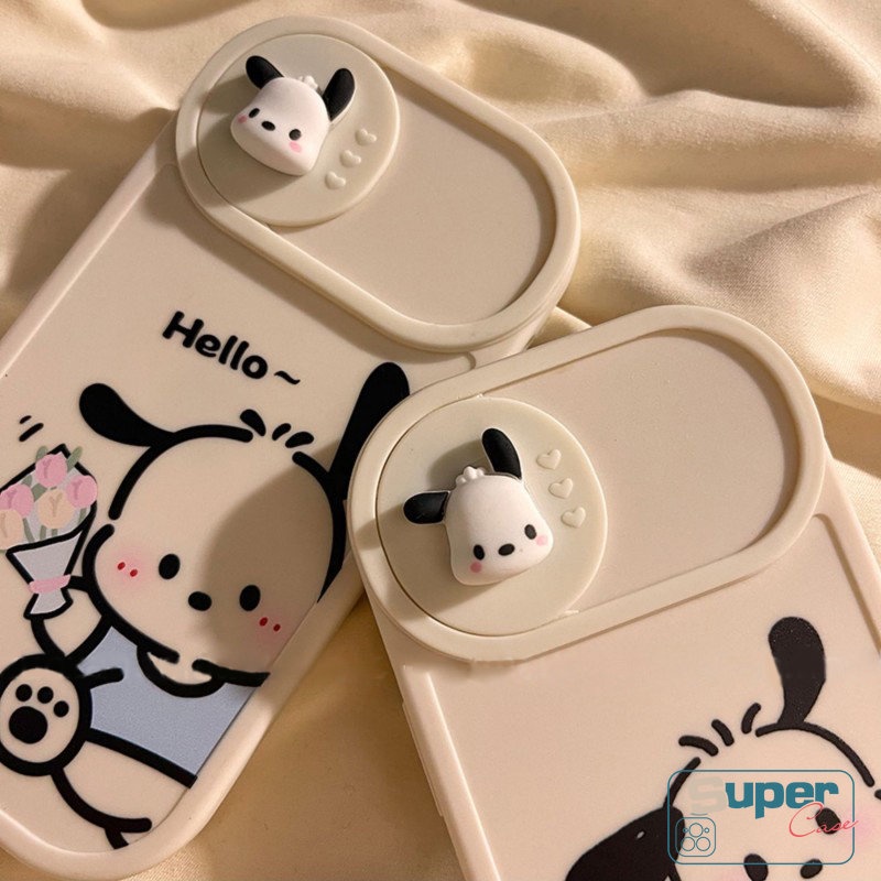 IPHONE Pasangan Casing Ponsel Kompatibel Untuk Iphone7 8 Plus11 13 12 Pro MAX XR X XS MAX Lucu Pochacco Lembut TPU Kartun 3D Boneka Push Pull Jendela Penutup Pelindung Lensa Kamera