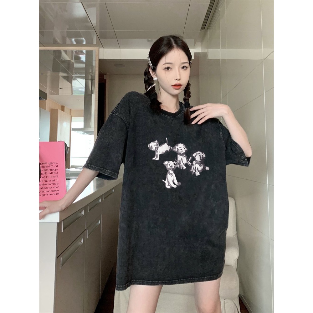 XIAOZHAINV Korean Style Dog Print Pattern Washed Printing Kaos Wanita