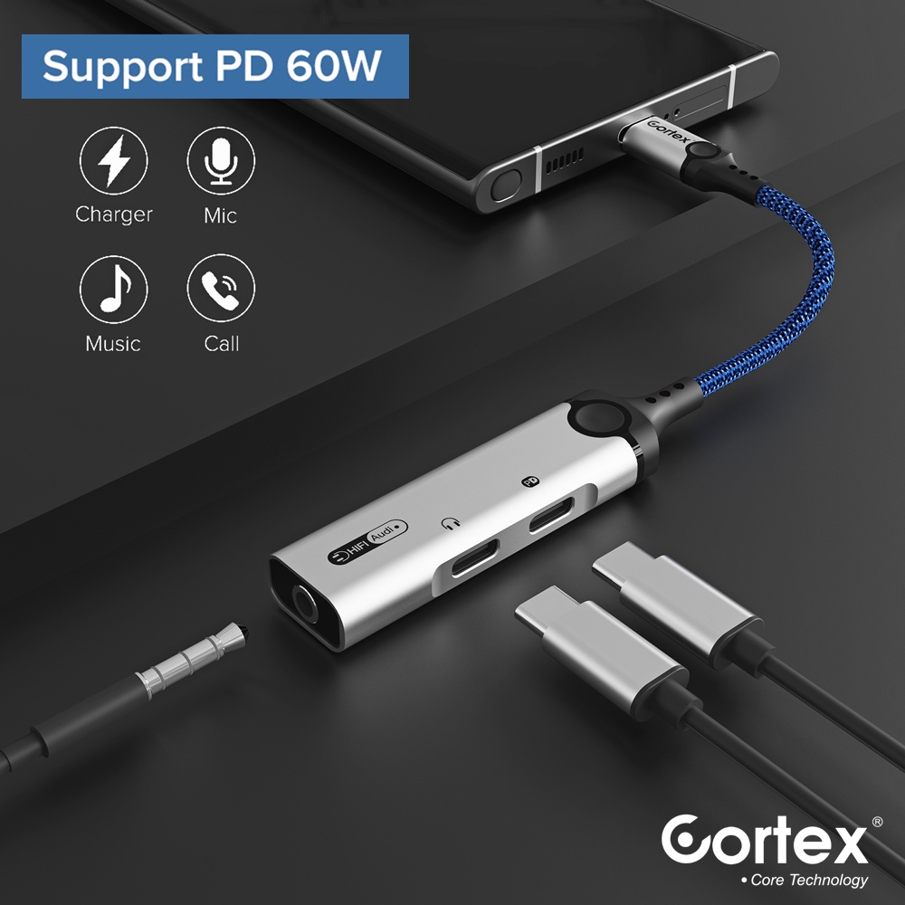 Cortex MH340 USB-C Splitter 3in1 Type-C to Charging + 3.5mm Audio + Type-C Audio Open Mic 60W Charging Adapter