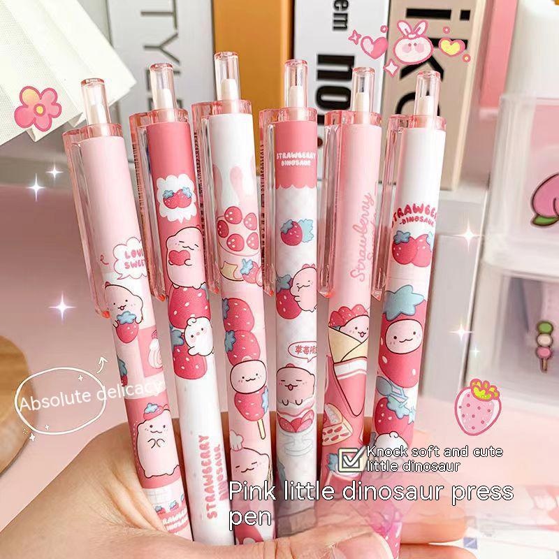 [Grosir] Lucu Kartun Cream Strawberry Pink Dinosaurus Kecil Pena Netral Hitam 0.5mm Tanda Tangan Siswa Pena Alat Tulis Kantor Push-Type Core Menulis Pen Hadiah Hari Anak