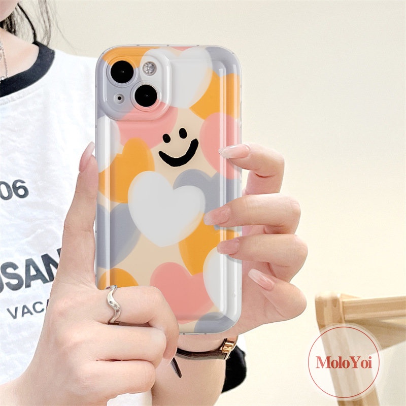 IPHONE Kartun Smiley Case Warna-Warni Cinta Hati Kompatibel Untuk Iphone11 14 13 12 Pro MAX XR 6 6S 78 Plus X XS MAX Shockproof Airbag Lembut TPU Silicon Back Cover