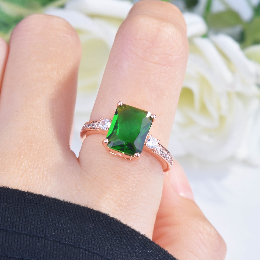 Goldkingdom Aksesoris Perhiasan Fashion Ready Stock Green Tourmaline Ring Plated Dengan Rose Gold Hias Dengan Warna Emerald Treasure Open Ring Female