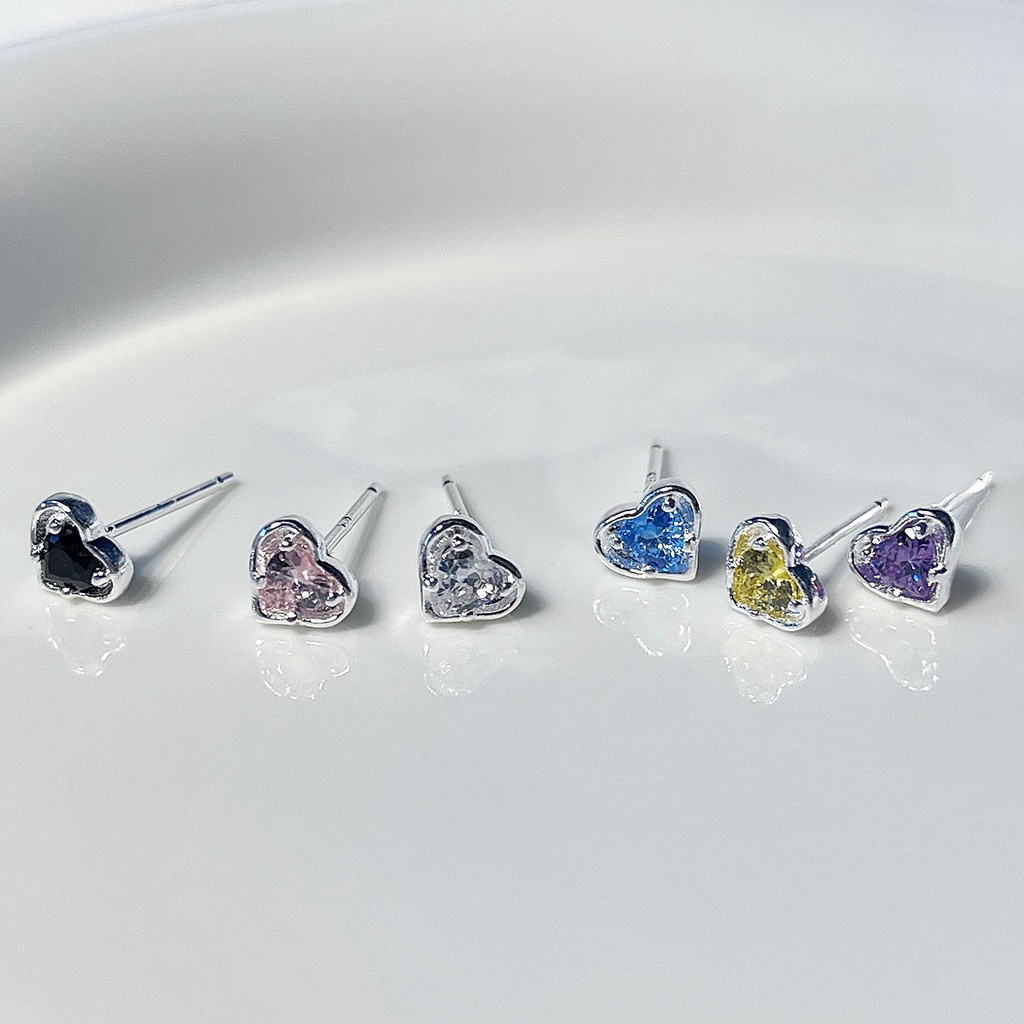 S925 Perak Jarum Stud Anting Zirkon Warna-Warni Jantung Cochlear Stud Telinga Perhiasan