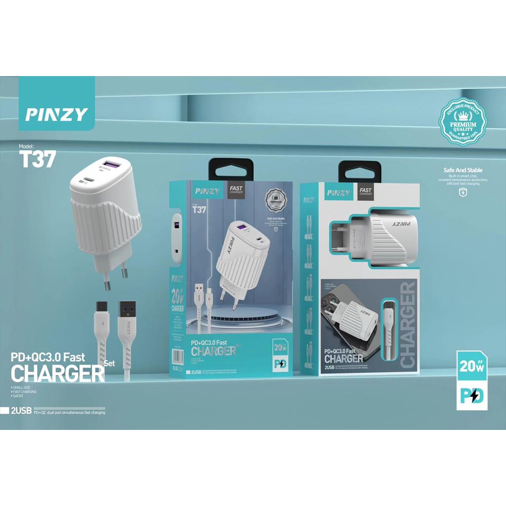 Charger PD20W+QC3.0 PINZY T37 2Port USB Fast Charging Free kabel