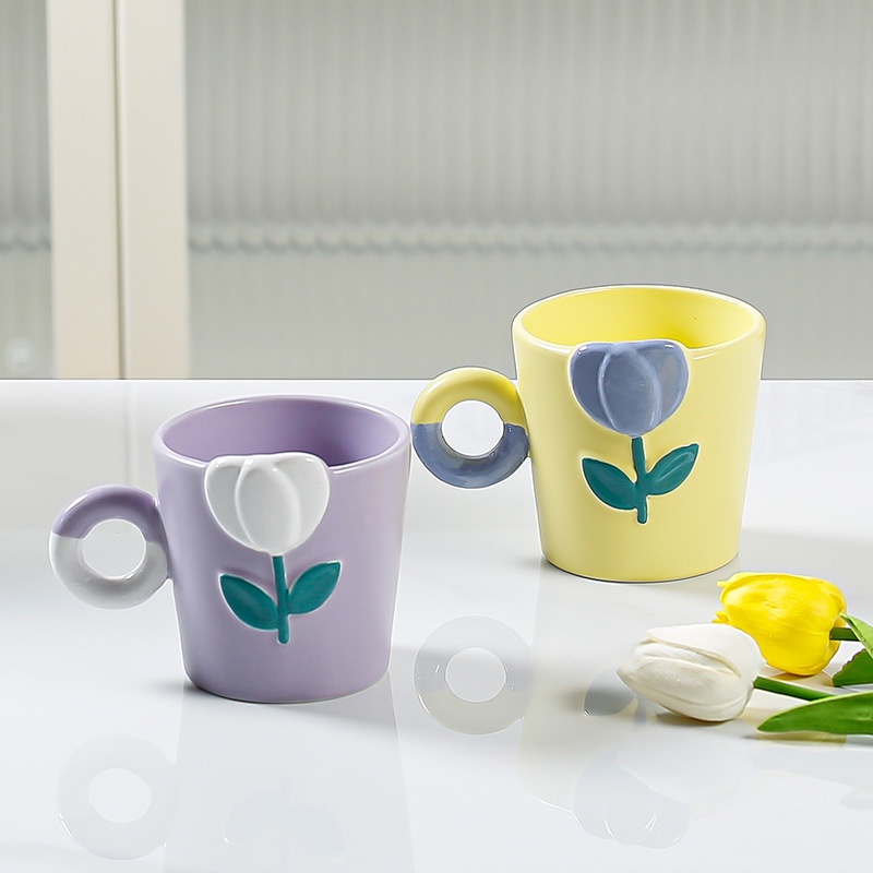 Gelas Mug Tulip Motif Lukis Bunga Estetik Korea Aesthetic