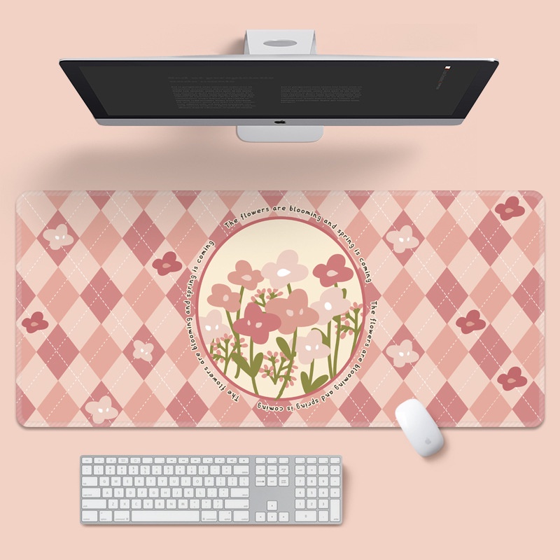 Alas Mouse Checkerboard Mouse Pad Alas Mouse Komputer Anti Slip Beruang Bunga Lucu Alas Mouse Kantor Alas Keyboard Komputer Karet (800mm X 300mm X 3mm)