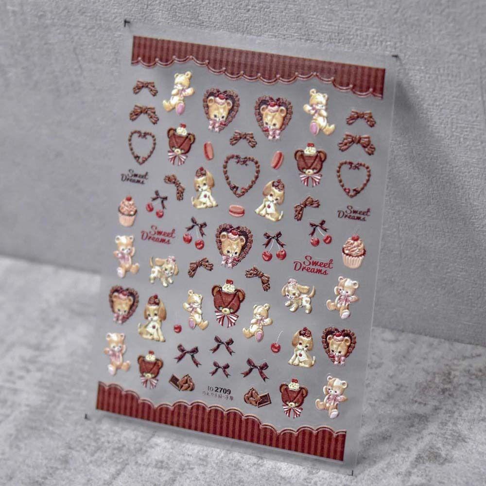 MXBEAUTY Kartun Stiker Kuku Wanita Fashion Manicure Aksesoris Bunga Perekat Diri Beruang Stiker Kuku