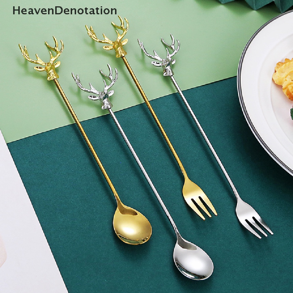 [HeavenDenotation] 1pc Sendok Kue Kopi Tanduk Stainless Garpu Dessert Spoon Stirring Fork HDV