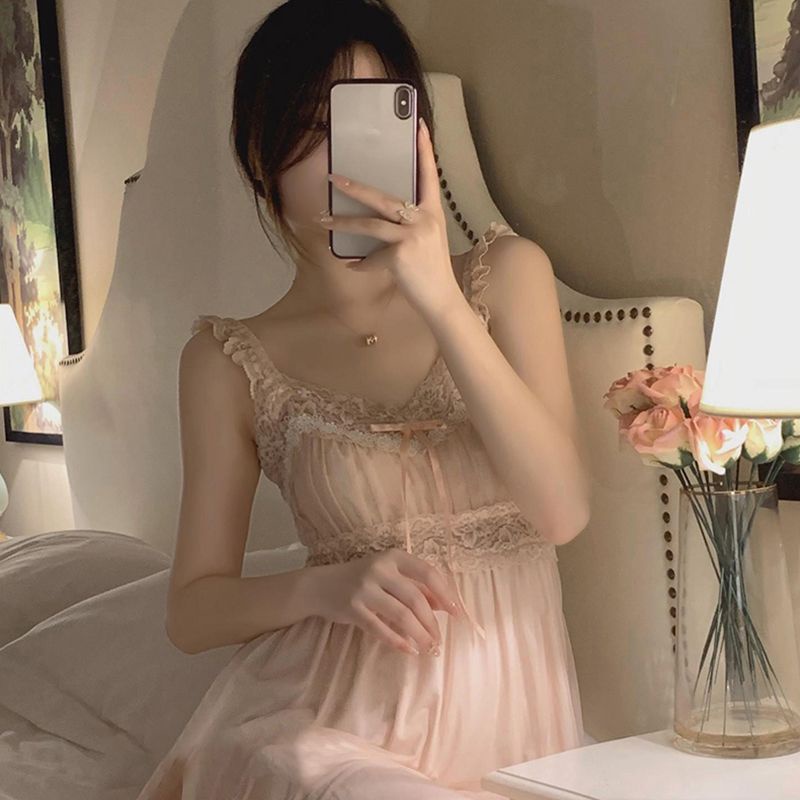 Baju tidur halter renda renda jala romantis merah muda gaun tidur wanita musim panas bagian tipis pe