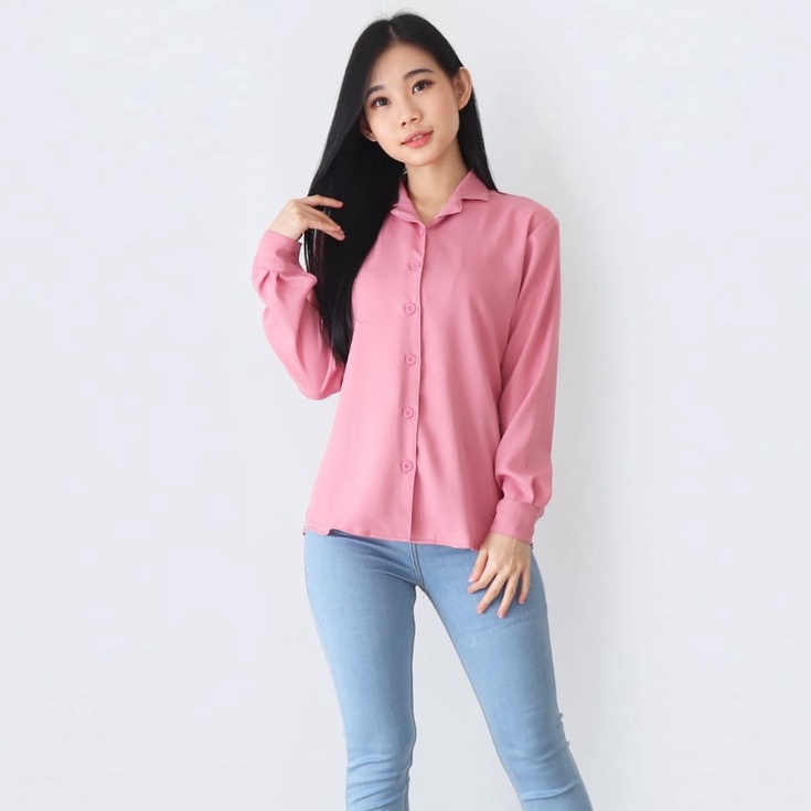 KEMEJA AUREL /KEMEJA BASIC POLOS/Kemeja Atasan Wanita Lengan Panjang Lengan Skoder M - XXL (bahan katun )