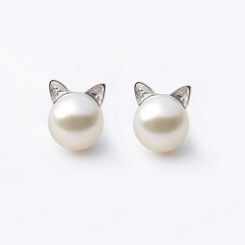 Anting Stud Pendek Desain Kucing Aksen Mutiara Gaya Korea Untuk Wanita