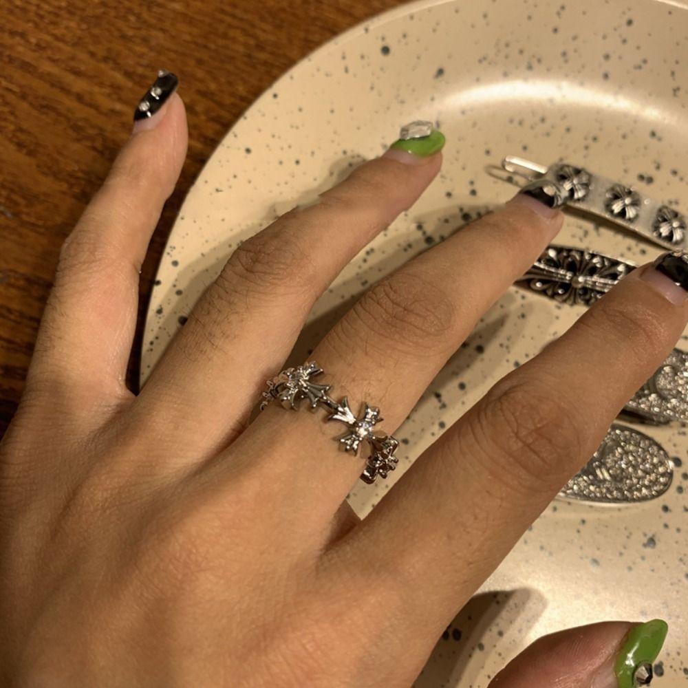 [Elegan] Cincin Silang Pesta Perhiasan Hadiah Punk Tidak Teratur Kristal Terbuka Gaya Korea Ring