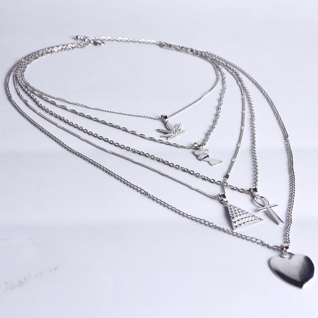 Kalung Bentuk Daun Piramida | Kalung Multilayer Dengan Liontin Bentuk Hati | Aksesoris Wanita | Sendok Garpu Bahan Stainless Steel