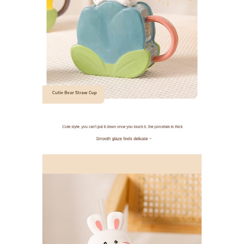 Mi.more Gelas Mug Keramik Rabbit Style With Straw Ceramic Cup Gelas Lucu Unik Bentuk Korean Style