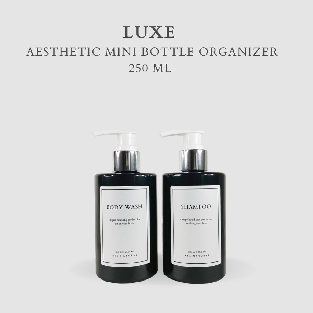 LUXE Botol MINI HITAM Label KOTAK PUTIH 250 ml Aesthetic Bottle Refill | Botol refill sabun /botol refill sabun/ botol isi ulang/botol sabun refill/botol sabun/botol pump/botol anak/bathroom organizer/bathroom amenities
