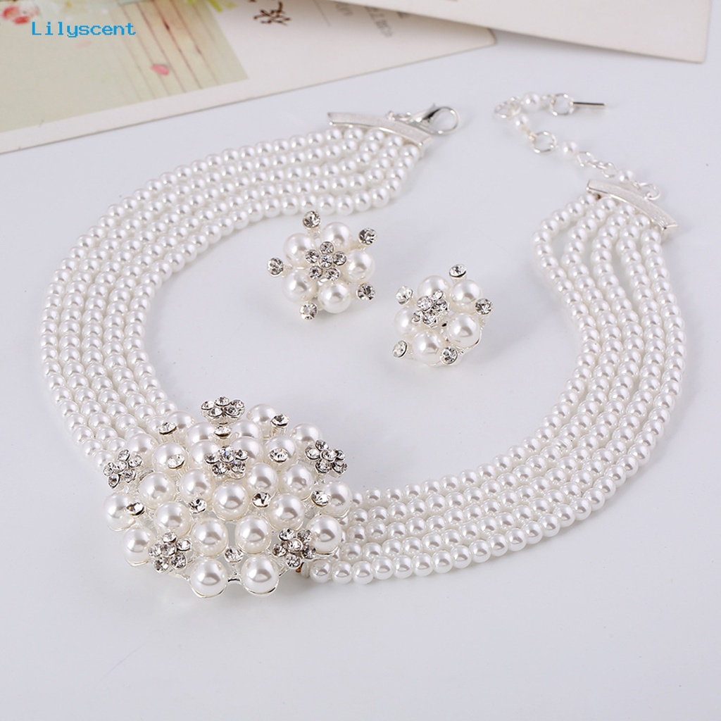 [LS] 1set Kalung Anting Set High Gloss Mengkilap Terang Kilau Diikat Manik-Manik Mutiara Imitasi Bunga Pernikahan Pengantin Kalung Anting Perhiasan Hadiah