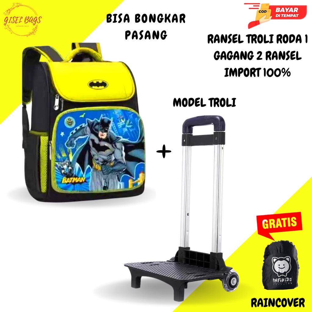 Tas trolly anak laki laki sekolah sd trolly roda 1 Gagang 2 bisa di lipat dan bongkar pasang serbaguna import gambar tas timbul 3D waterproof