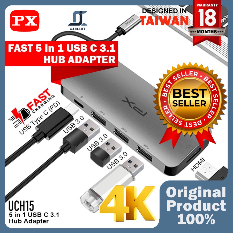 USB Hub Converter Type C Macbook Laptop to HDMI USB 5 in 1 PX UCH15