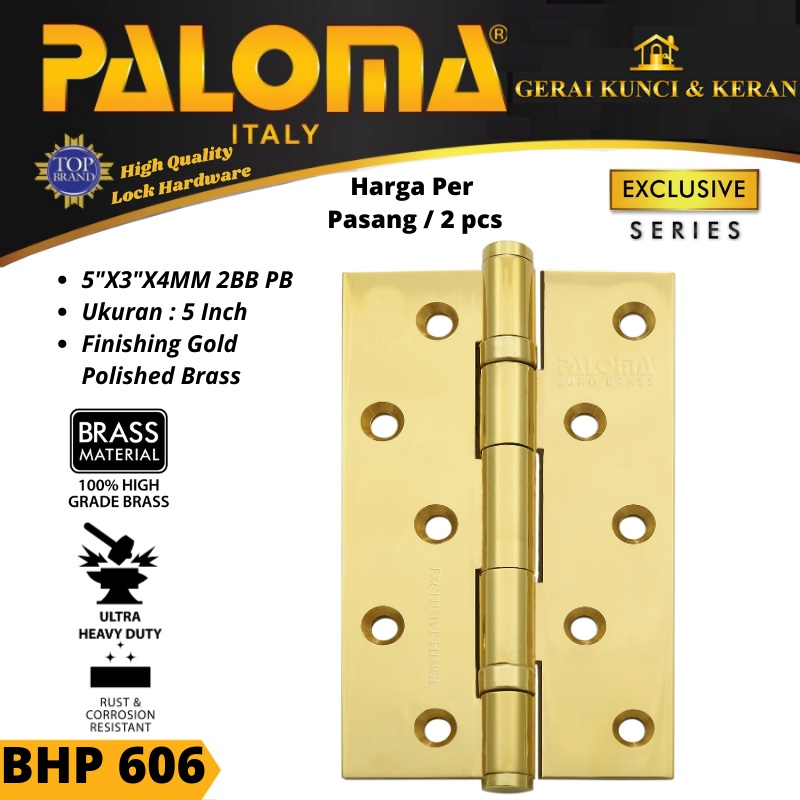 PALOMA BHP 606 BUTT HINGE ENGSEL PINTU BRASS 5&quot;X3&quot;X4MM 2BB PB GOLD EMAS