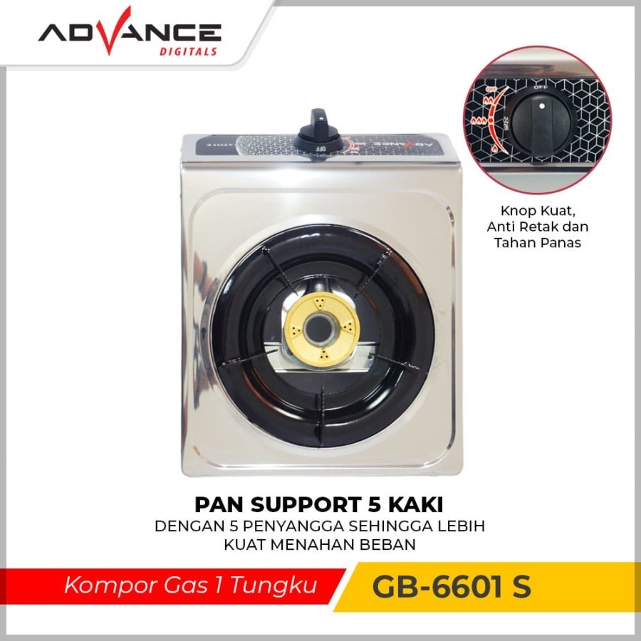 Kompor Gas 1 Tungku Murah Full Stainless Advance GB-6601S Garansi Resmi