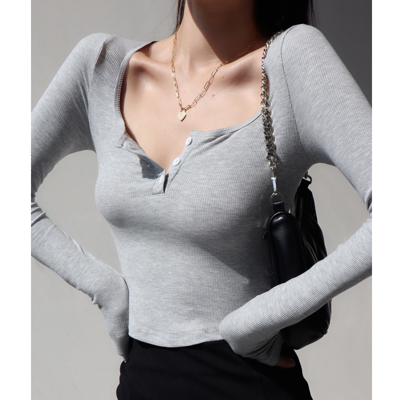 [Premium] Kaos Wanita Korean Scoop Neck Knit Import Crop Top Elastic Baju Atasan Lengan Panjang Tee