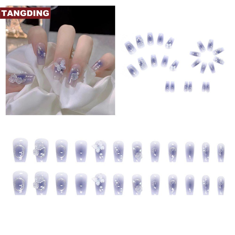 【 COD Tangding 】 24pcs Blue Butterfly Wearable Fake Nails Women Girls Detachable Artificial Nails Patch Accessories