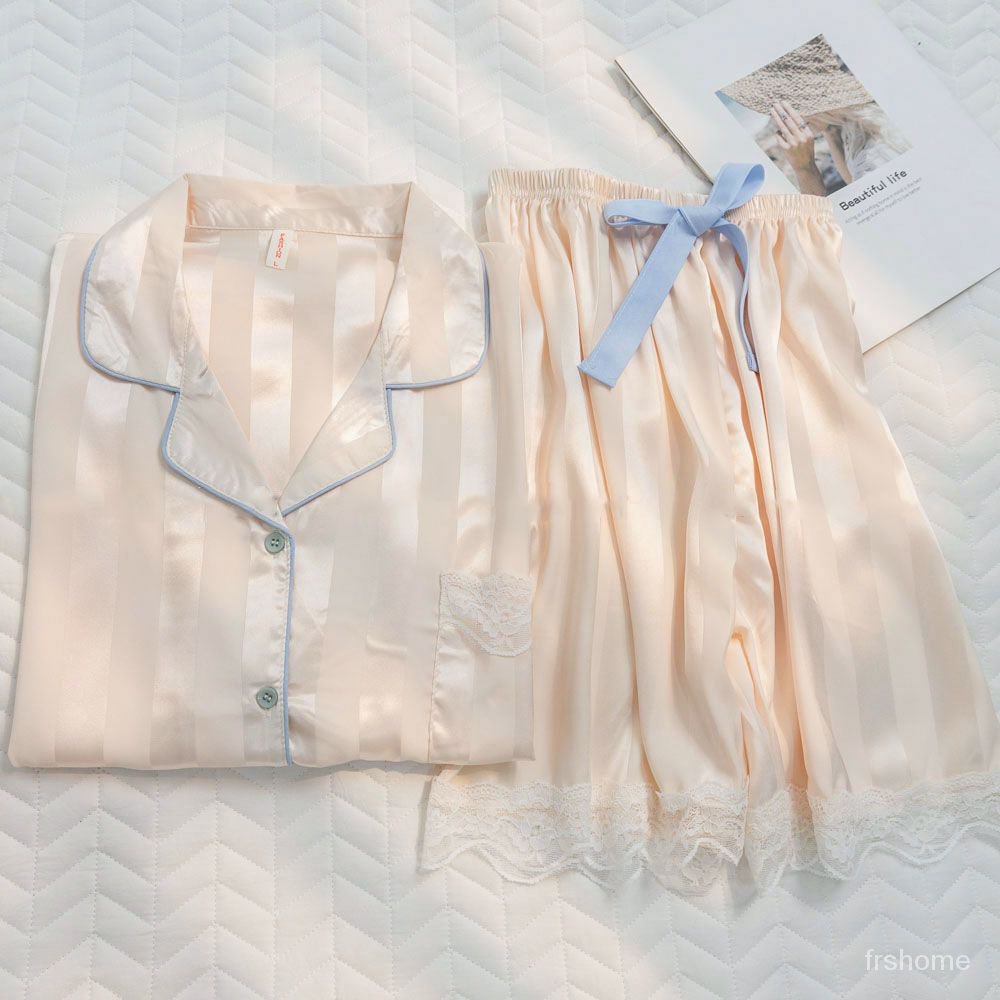 [Jakarta ready]baju tidur wanita satin premium/Piyama sutra es wanita musim panas bagian tipis sederhana ins angin nilai tinggi bergaris lengan pen