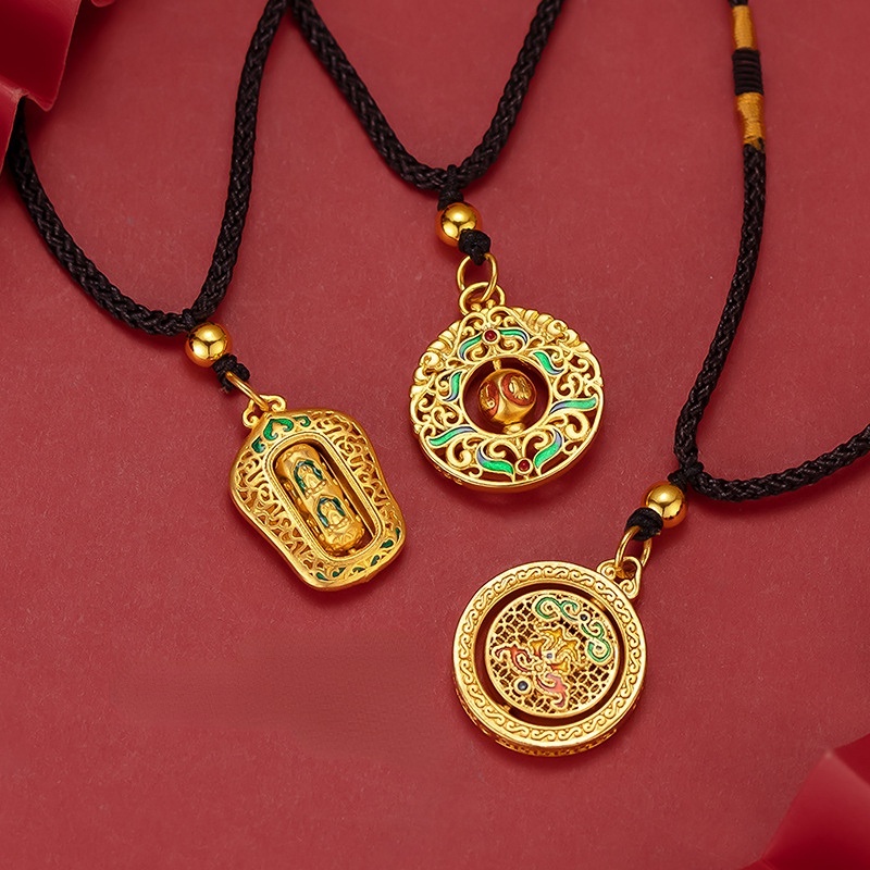 Goldkingdom Fashion Perhiasan Emas Asli Kadar 375Bangkok Aksesoris Ready Stock Retro Membakar Liontin Biru Sepuhan Berputar Fu Karakter Guanyin Xiangyun Kalung Untuk Pria Dan Wanita