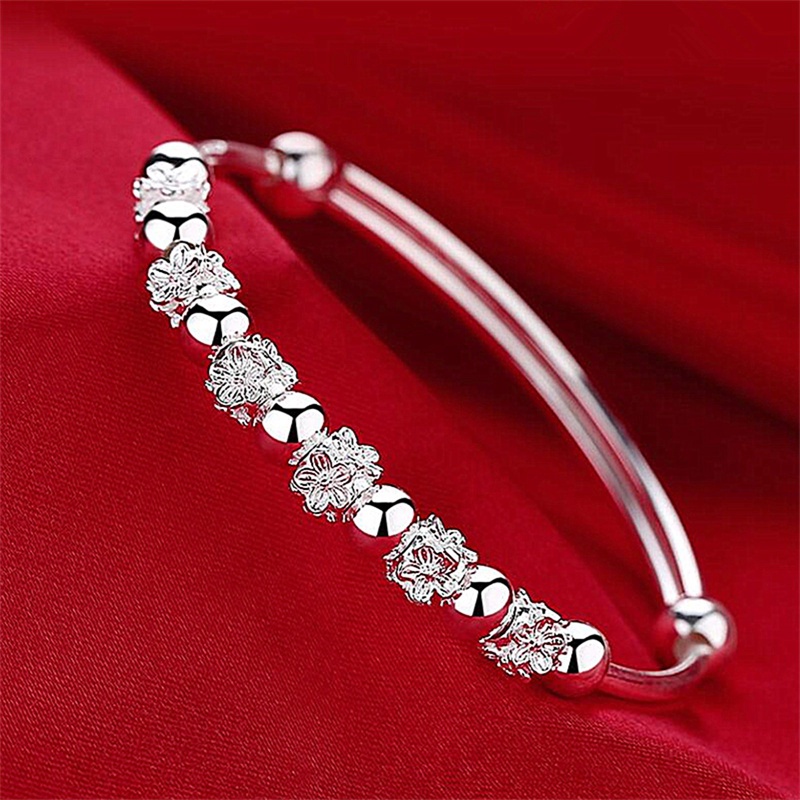 Plum Bunga Gelang Untuk Wanita925 Sterling Silver Beads Bangle Bracelet Transfer Beruntung Cuff Bracelet Adjustable Fashion Wanita Perhiasan Gadis Fidget Bracelet