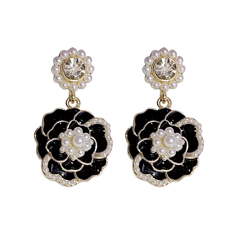 Anting Mutiara Temperamen Bunga Hitam Vintage Aksesoris Korea Wanita