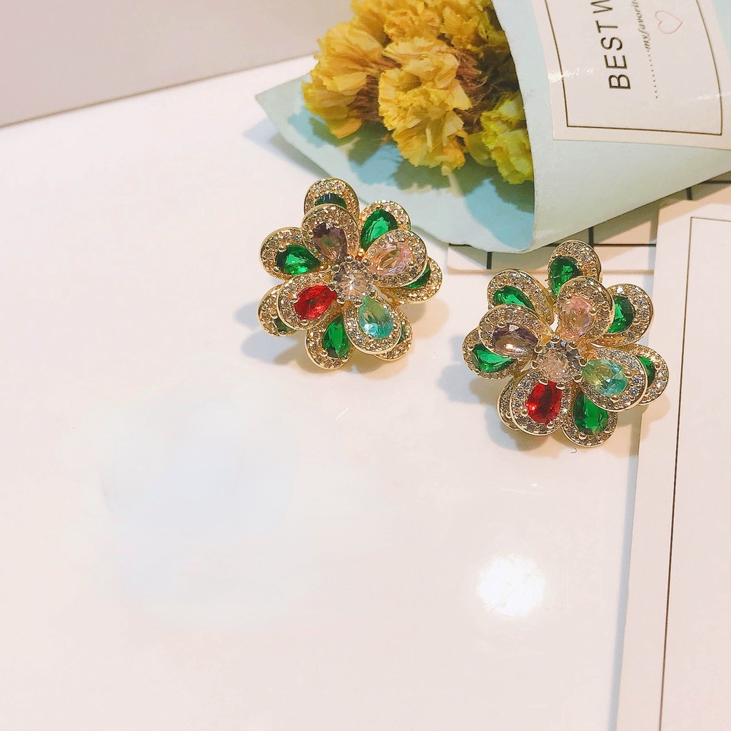 Goldkingdom Fashion Perhiasan Aksesoris Ready Stock Desain Industri Berat Warna Turmalin Bunga Set Tiga Dimensi Camellia Liontin Cincin Terbuka Warna Harta Karun Gelang Telinga Stud