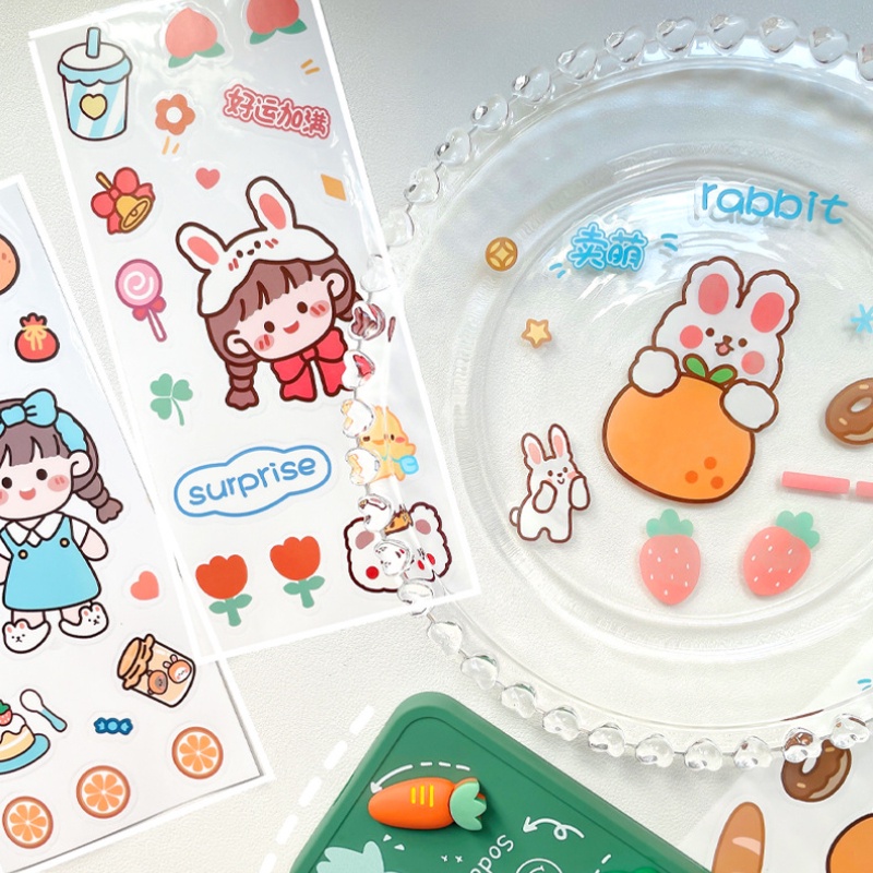 1lembar Kartun Kelinci PVC Tahan Air Stiker Tangan Akun Gadis Lucu Bunny Stiker Diary Scrapbooking Hias Decals