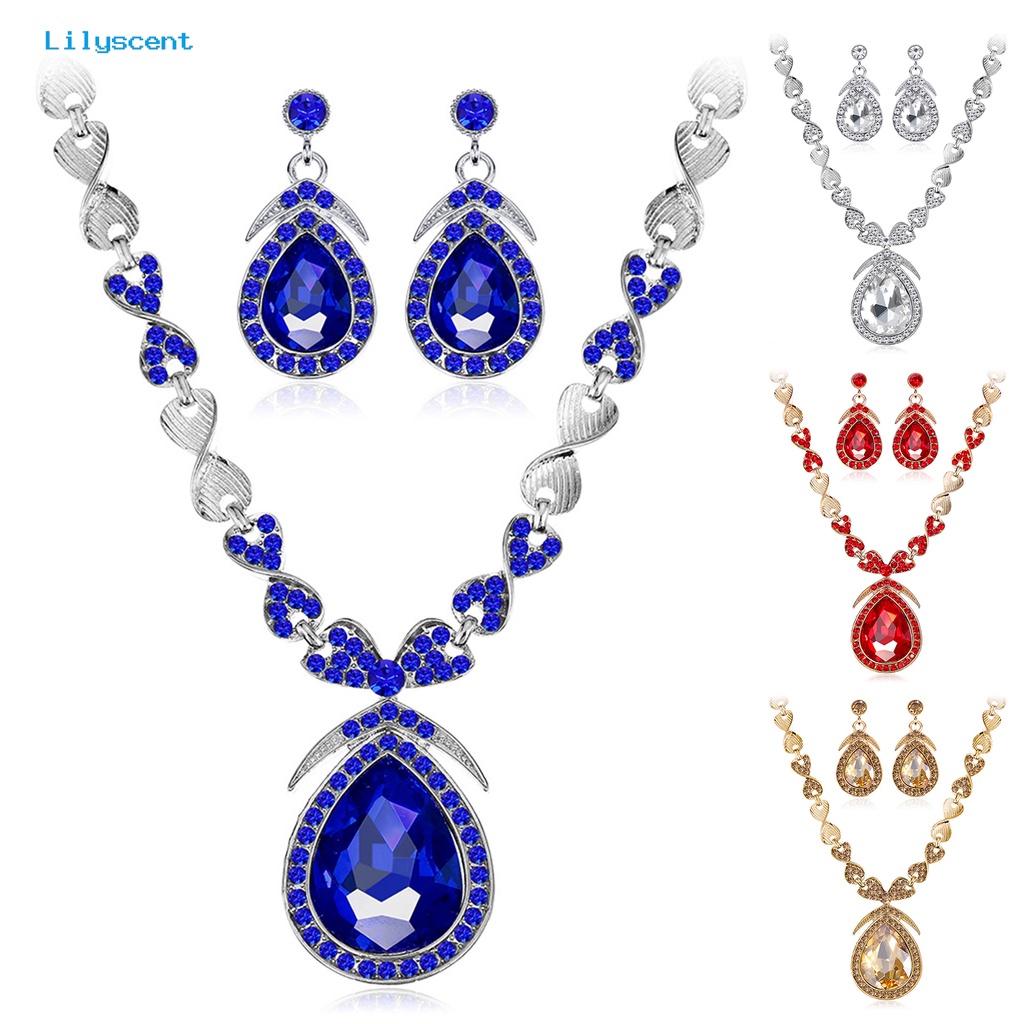 [LS] 1set Anting Pengantin High Gloss Bright Luster Temperamen Berlian Imitasi Hias Geometris Dekorasi Glitter Mewah Tetesan Air Besar Kristal Imitasi Liontin Kalung Wanita Aksesori